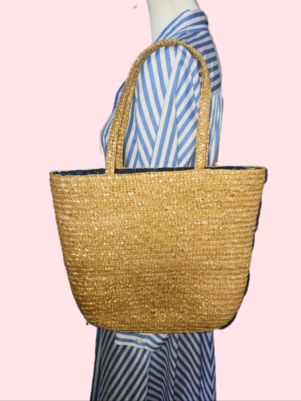 Woven Straw Bag, Navy & Teal Blue Linimg With Pockets, Anchor, 15"x12" - Picture 2 of 6